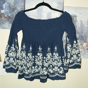 Flying Tomato Blue Long-Sleeved Embroidered Top